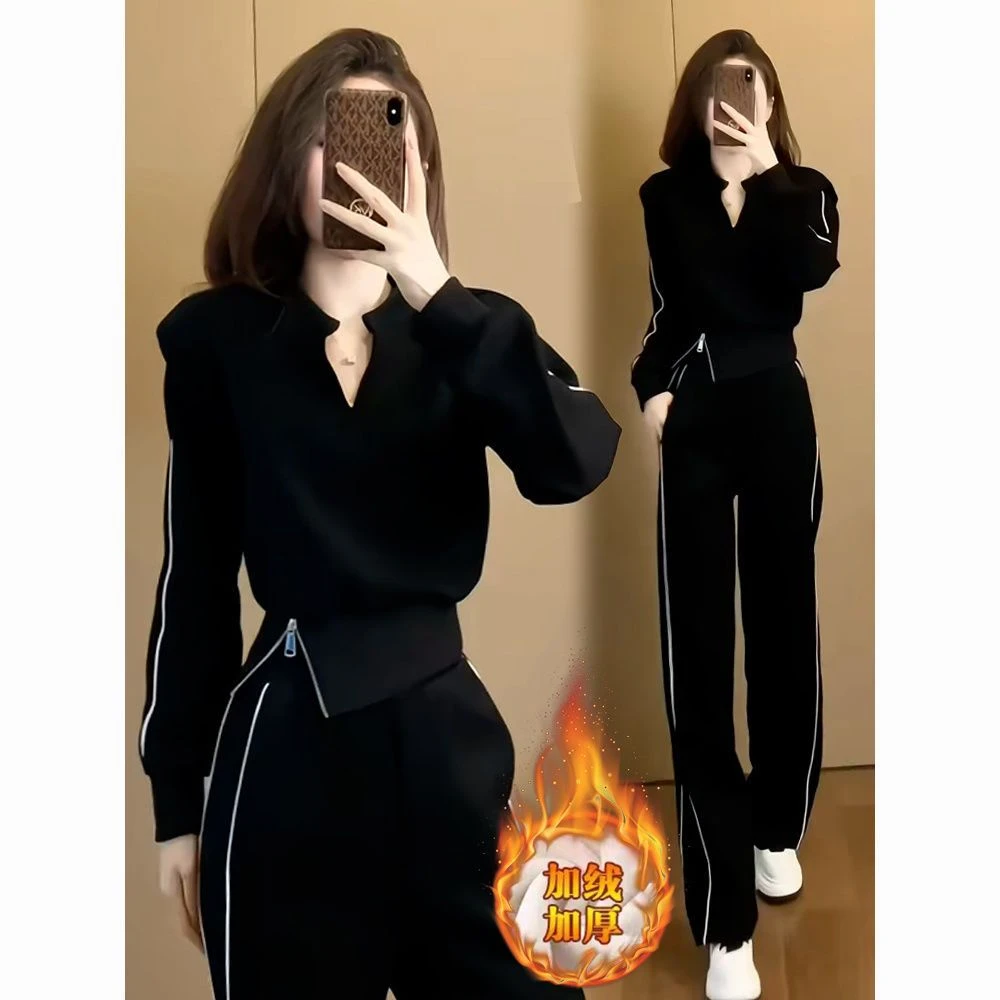 设计感收腰V领套装女2023年冬季新款加绒加厚运动裤两件套