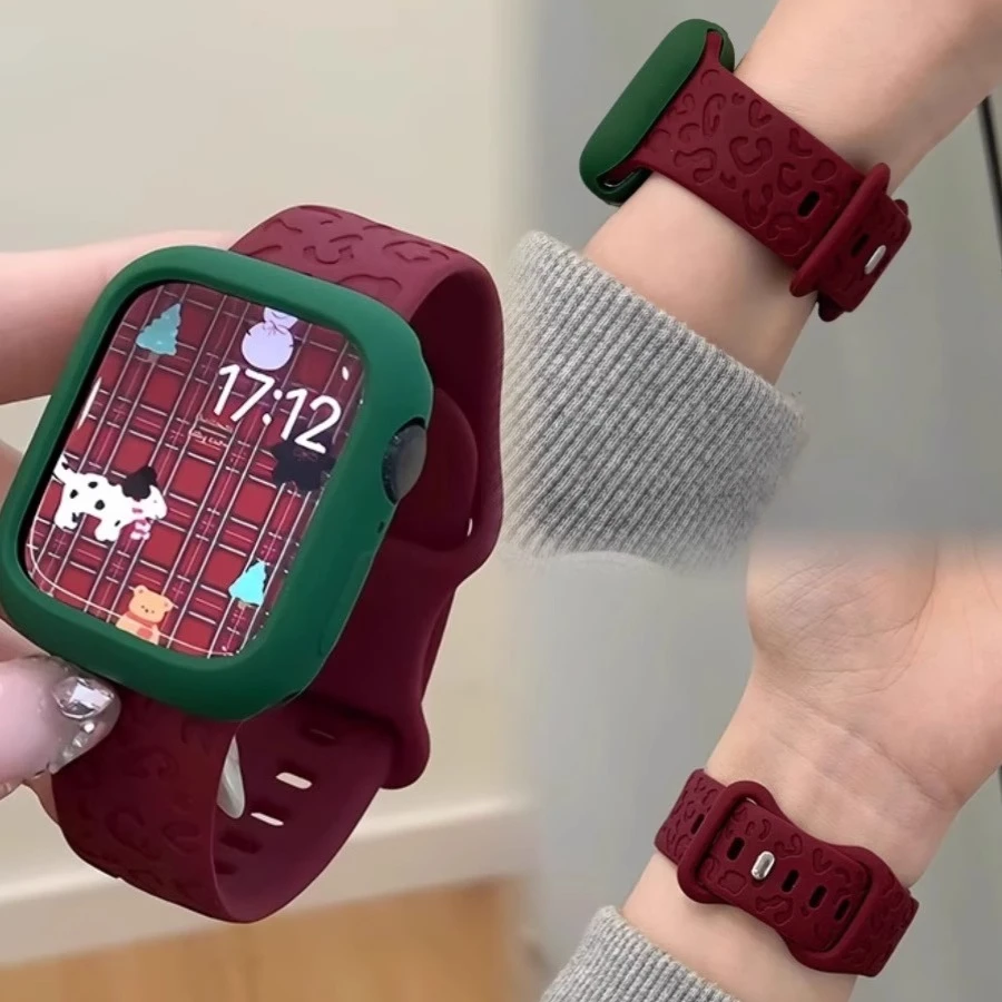 新年红适用applewatch9表带苹果手表带s8硅胶豹纹7/6/5运动女款se