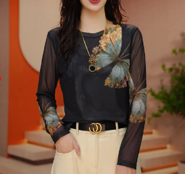 四9131#时尚高贵上档次女T恤衫漂亮别致小衫肌肤网纱上衣