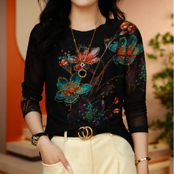 三9283#时尚百搭长袖打底衫2024新款高贵洋气减龄气质T恤女