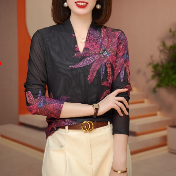 新款肌肤网纱时尚百搭洋气显瘦显白减龄气质轻奢小衫RGMY9164#