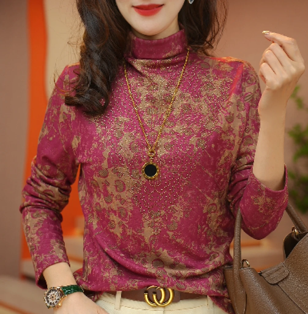 E#2024时尚保暖气质修身显瘦印花套头长袖打底衫女上衣