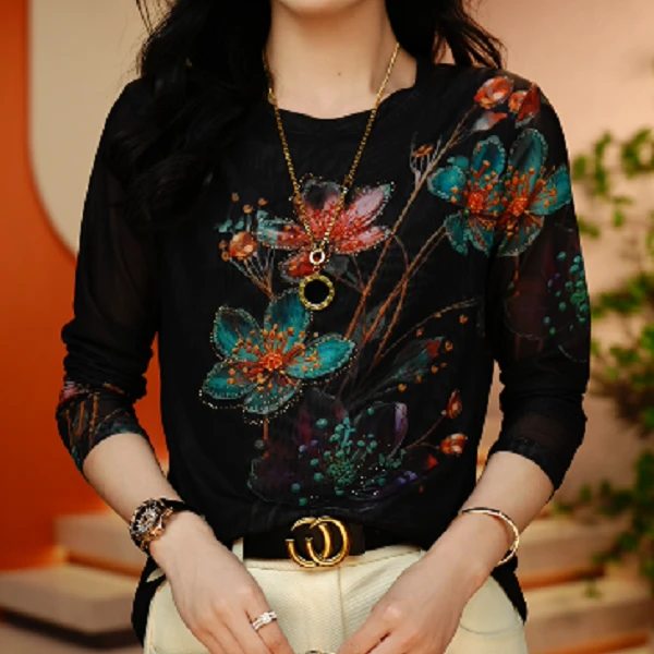 三9283#新款遮肚子藏肉上衣时尚气质肌肤网纱显瘦洋气打底衫