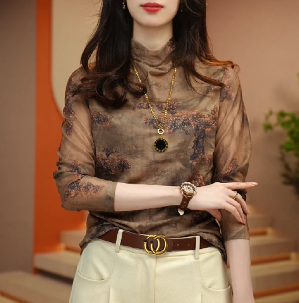 高级时尚早秋肌肤网纱高弹高密百搭显瘦减龄气质洋气印花超美小衫