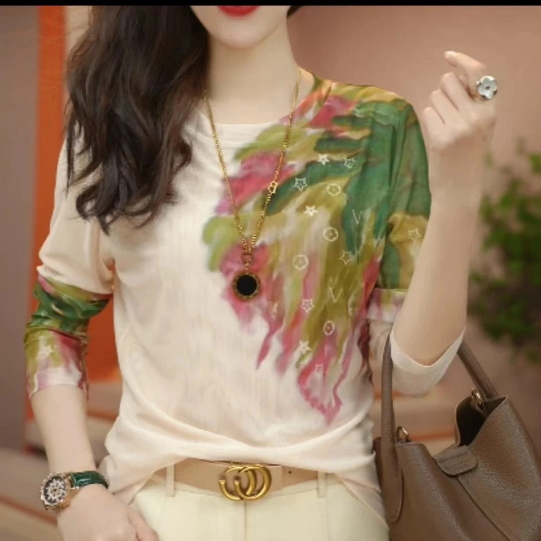 9024#洋气印花网纱上衣透气双层高级长袖百搭圆领显瘦遮肚小衫