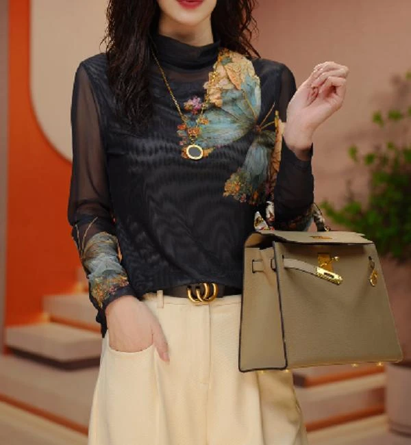 肌肤网纱时尚百搭洋气显瘦显白减龄气质高弹高密打底衫