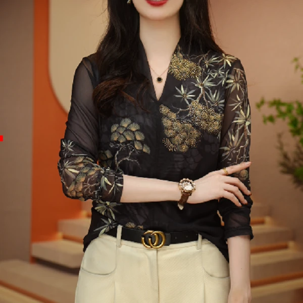 钻9146#2025年四季可穿高贵洋气上档次潮流气质肌肤网纱T恤