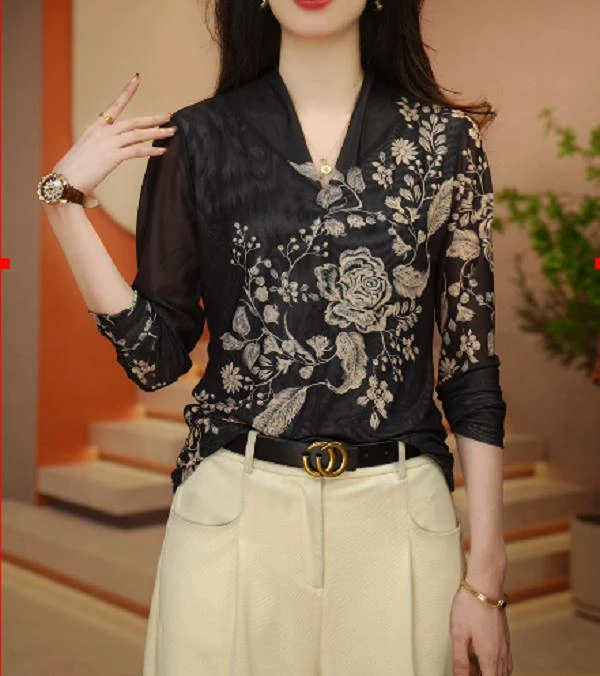 高弹高密新款时尚百搭洋气网纱上衣女显瘦显白减龄气质T恤9159#