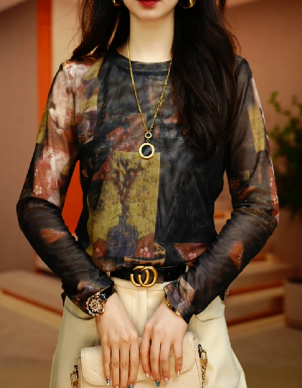 钻9288#新款遮肚子藏肉上衣时尚气质肌肤网纱显瘦洋气打底衫