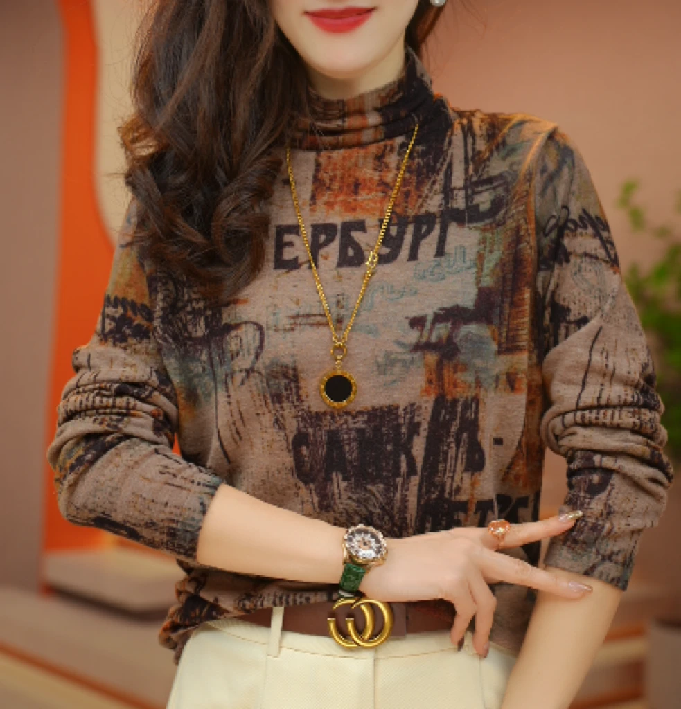 秋冬半高领复古长袖针织时尚百搭女士上衣洋气显瘦小衫RGMY9112