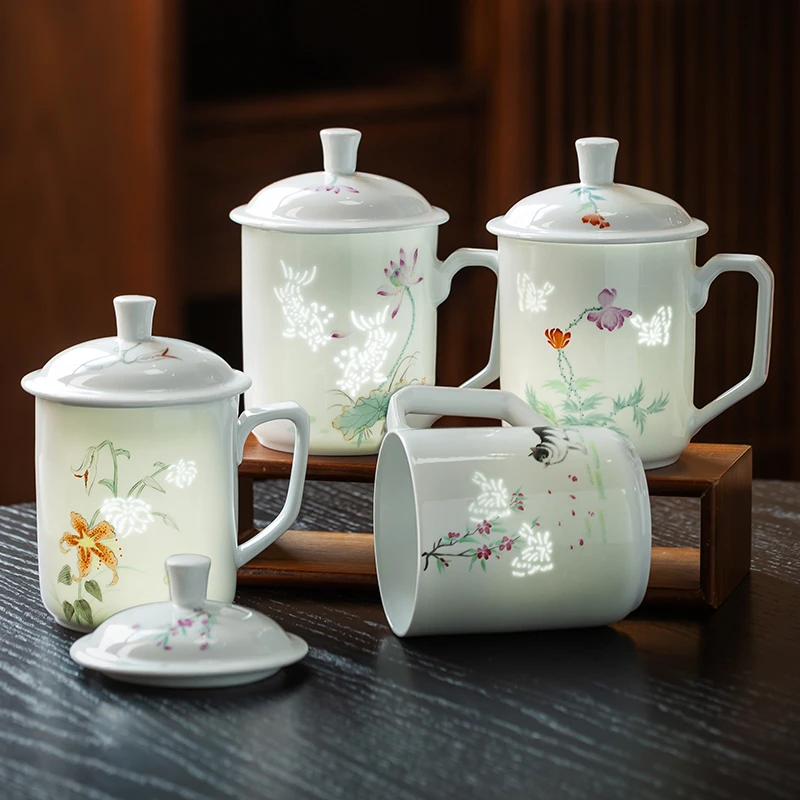 手绘玲珑办公杯景德镇白瓷粉彩茶杯陶瓷家用带盖大号水杯泡茶杯子