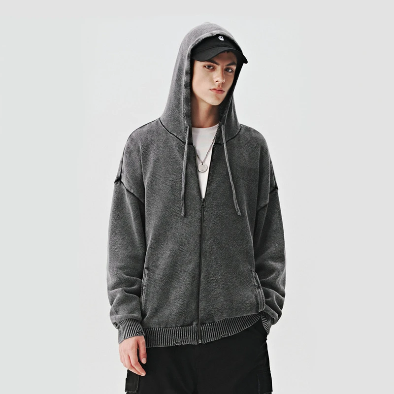 714street水洗复古连帽毛衣秋冬款宽松针织开衫外套情侣装421407