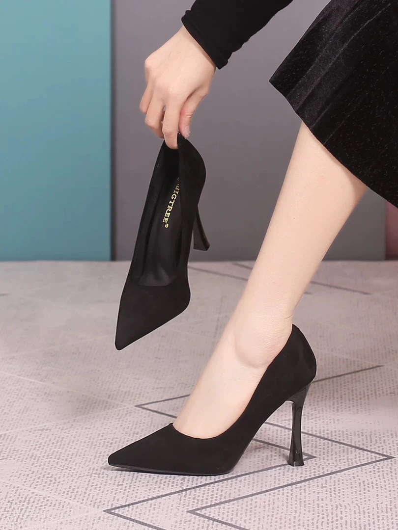 7-9]春季爆款黑色绒面高跟鞋尖头细跟简约通勤小个子黑色高跟鞋