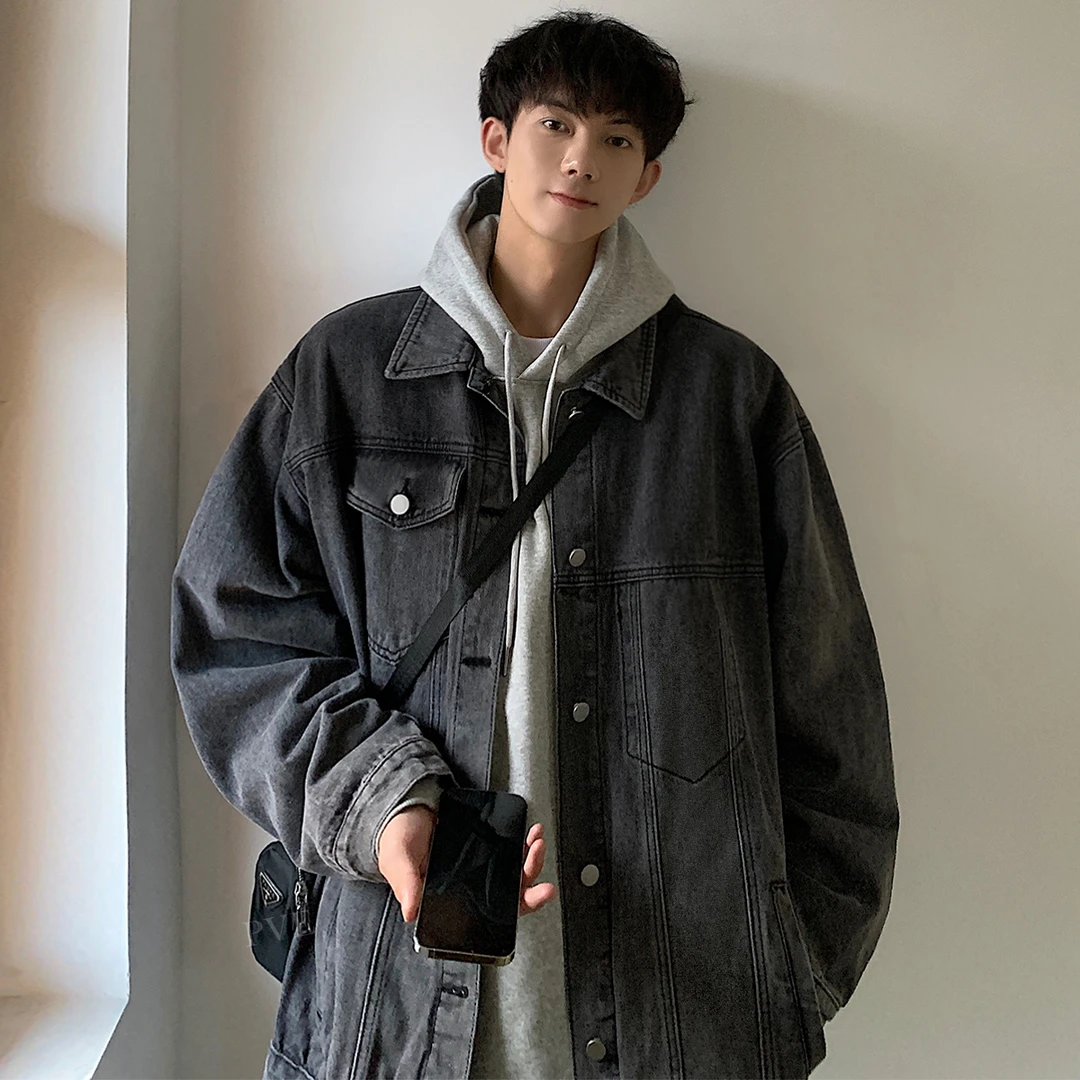 灰色牛仔外套男宽松休闲显瘦百搭痞帅工装夹克秋冬款上衣潮流褂子