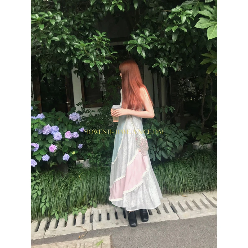 MOWENTI文文婷人鱼公主重工复古温柔浪漫拼接碎花连衣裙