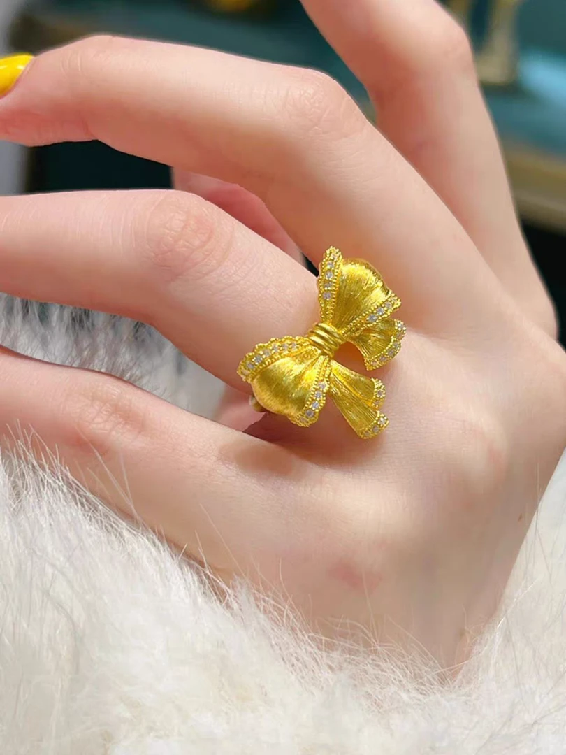 铜合金戒指 新款拉丝点钻蝴蝶结戒指女开口可调节在逃公主指环