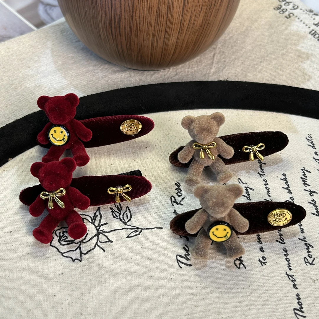 F0236韩东大门植绒红色AB面小熊侧边夹对夹小众甜美秋冬轻奢发夹