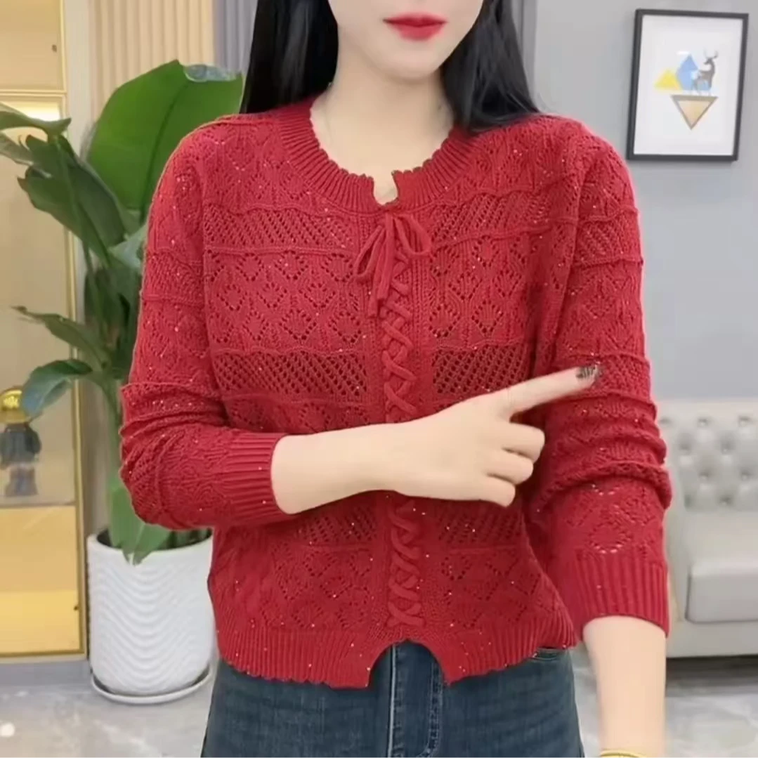 新款秋冬圆领针织衫镂空针织衫妈妈装套头休闲宽松长袖百搭针织衫
