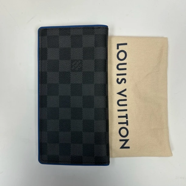 99新 LouisVuitton/路易威登 黑棋盘格蓝内对折钱包19/10cm872