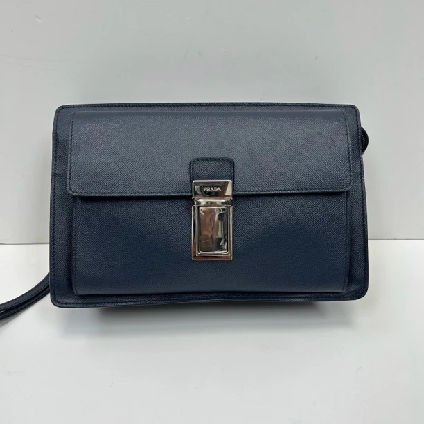 95新 Prada/普拉达 普拉达黑篮色全皮多功能手拿包944