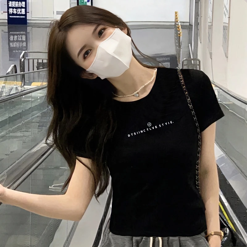 夏季韩版设计感时尚圆领短袖t恤印花百搭黑色修身显瘦打底衫女装