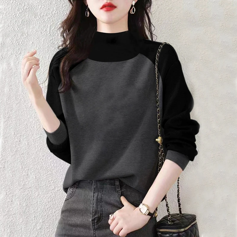 秋冬款韩版插肩袖长袖T恤女显瘦遮肚子上衣半高领保暖内搭打底衫