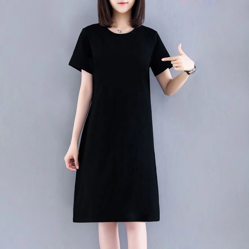 纯棉圆领女装黑色短袖t恤裙中长款裙宽松显瘦大码夏装新款连衣裙