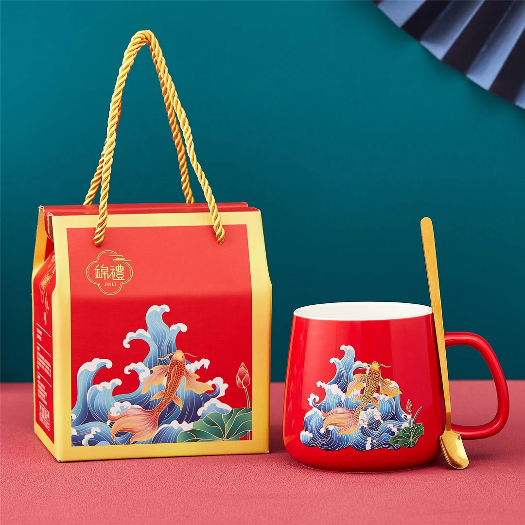 咖啡杯国潮锦鲤55度恒温杯套装暖暖杯伴手礼礼品陶瓷马克杯礼盒