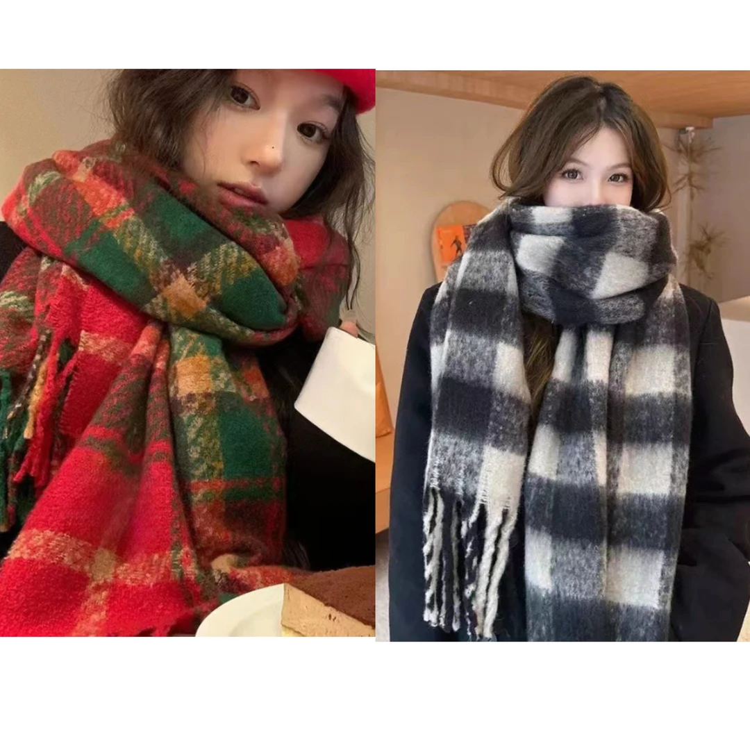 2024年新品仿羊绒格子围巾女秋冬加厚保暖围脖女学生百搭时尚围巾