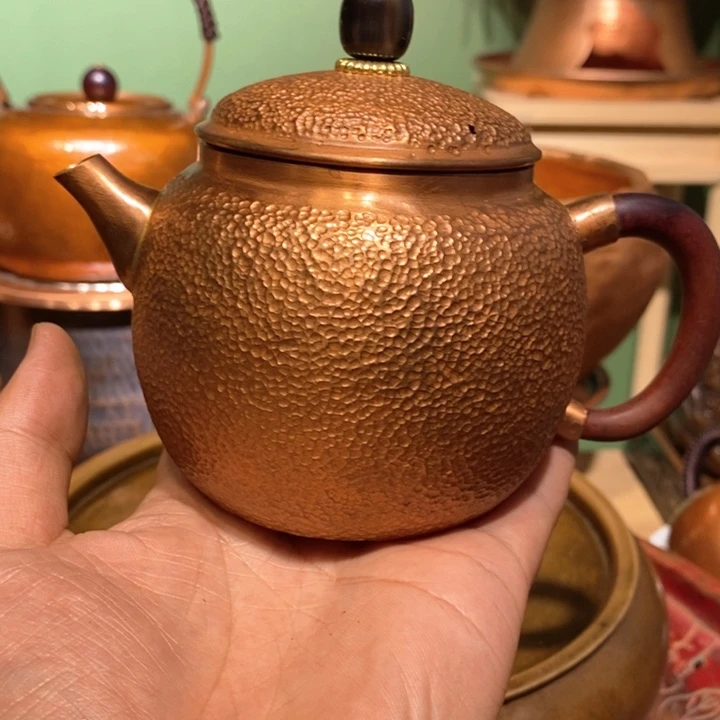 檀木柄泡茶壶全手工紫铜