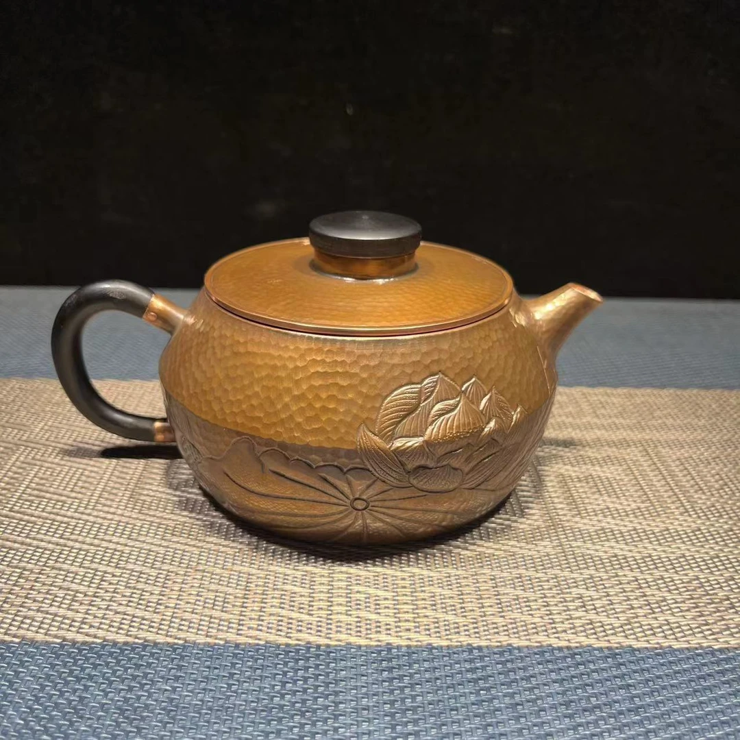 紫铜新款荷花端把泡茶壶 镶嵌荷花 浮雕手工壶