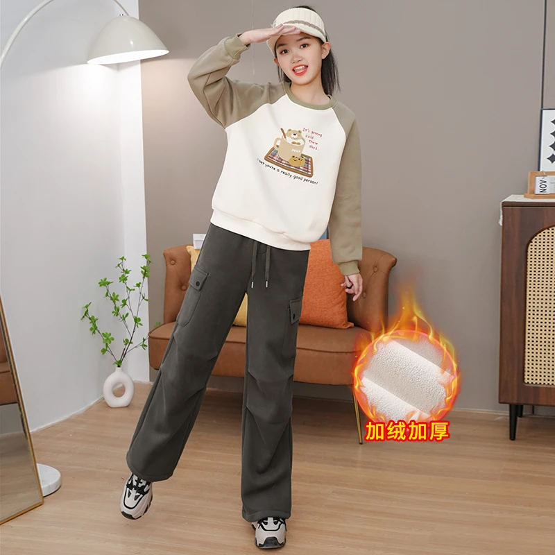 女童加绒套装2025冬季新款女孩初高中学生青少年加绒休闲百搭套装