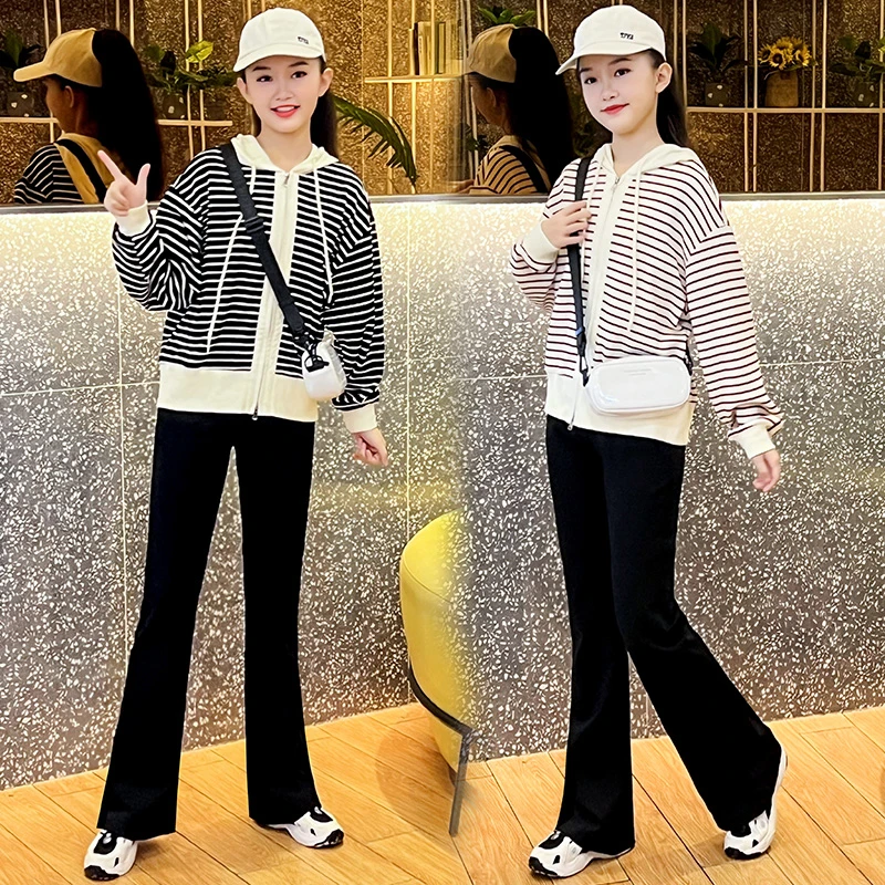 女童条纹卫衣套装2024春秋装新款中大童短款连帽外套儿童休闲套装