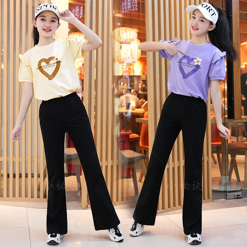 女童夏季套装2025新款女孩中大童学生时髦洋气短袖T+微喇裤套装
