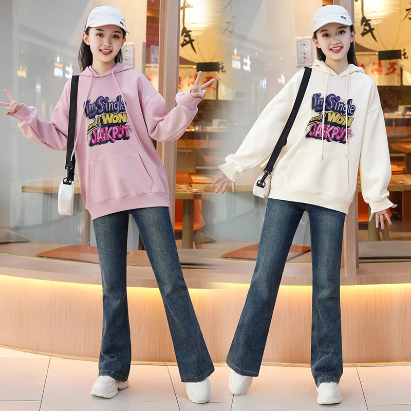 女大童套装2024新款初高中学生女孩洋气连帽卫衣牛仔裤休闲套装