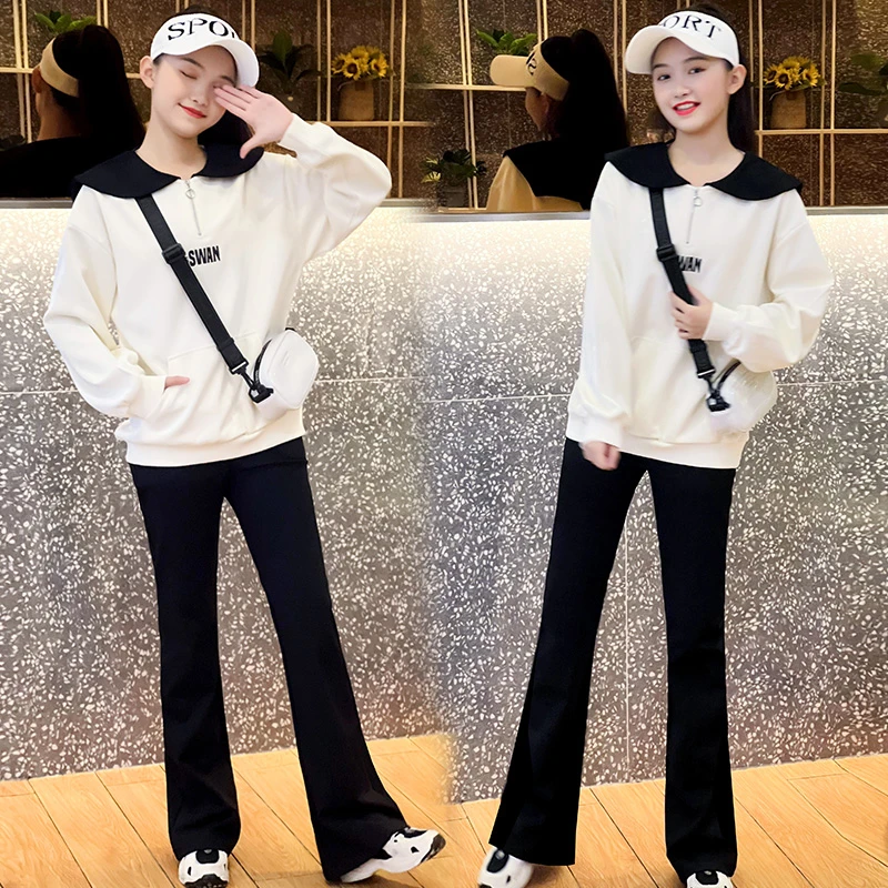 女童套装冬款2025大童新款秋冬儿童秋时髦洋娃娃领卫衣女大童套装