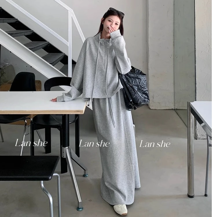 慵懒风休闲套装女宽松灰色立领抽绳卫衣秋季高腰开叉半身裙两件套