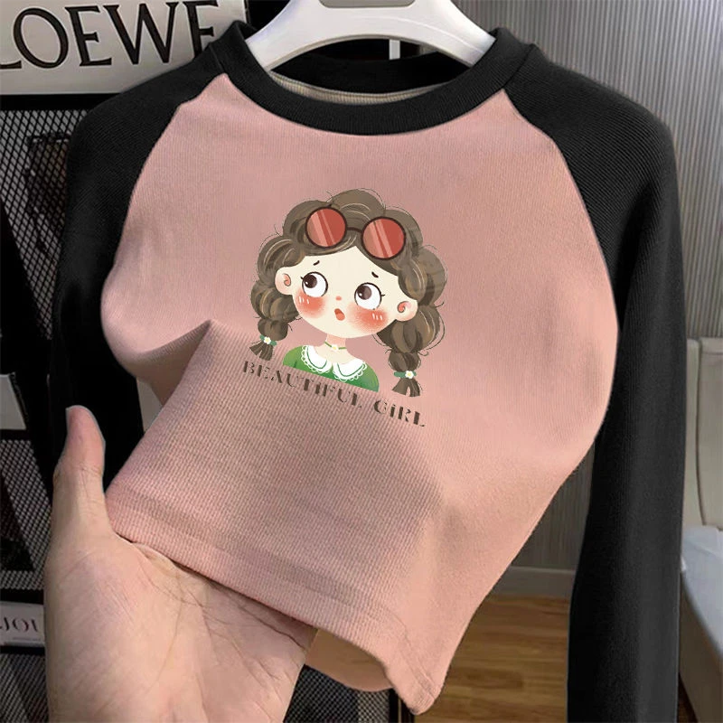 秋冬季女童圆领休闲打底衫新款洋气宝宝卡通T恤长袖印花德绒上衣