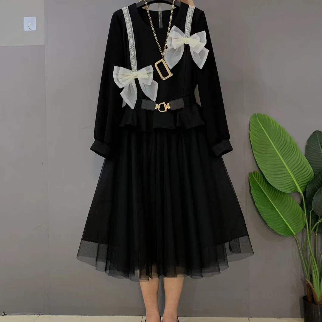 新款大码女装时尚洋气蝴蝶结设计高级感显瘦连衣裙