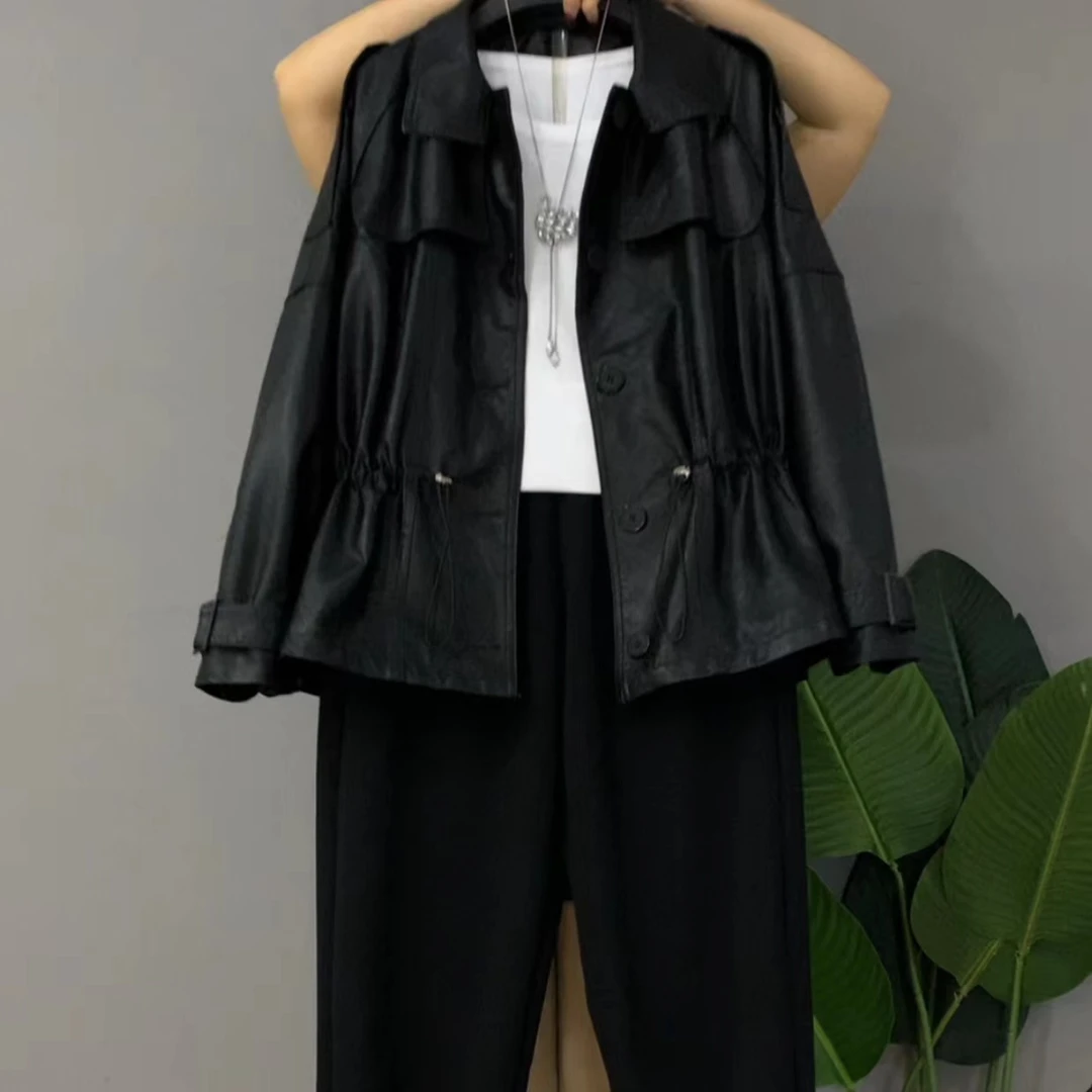 早秋新款大码女装时尚百搭腰抽绳皮U外套十裤子（可单拍）