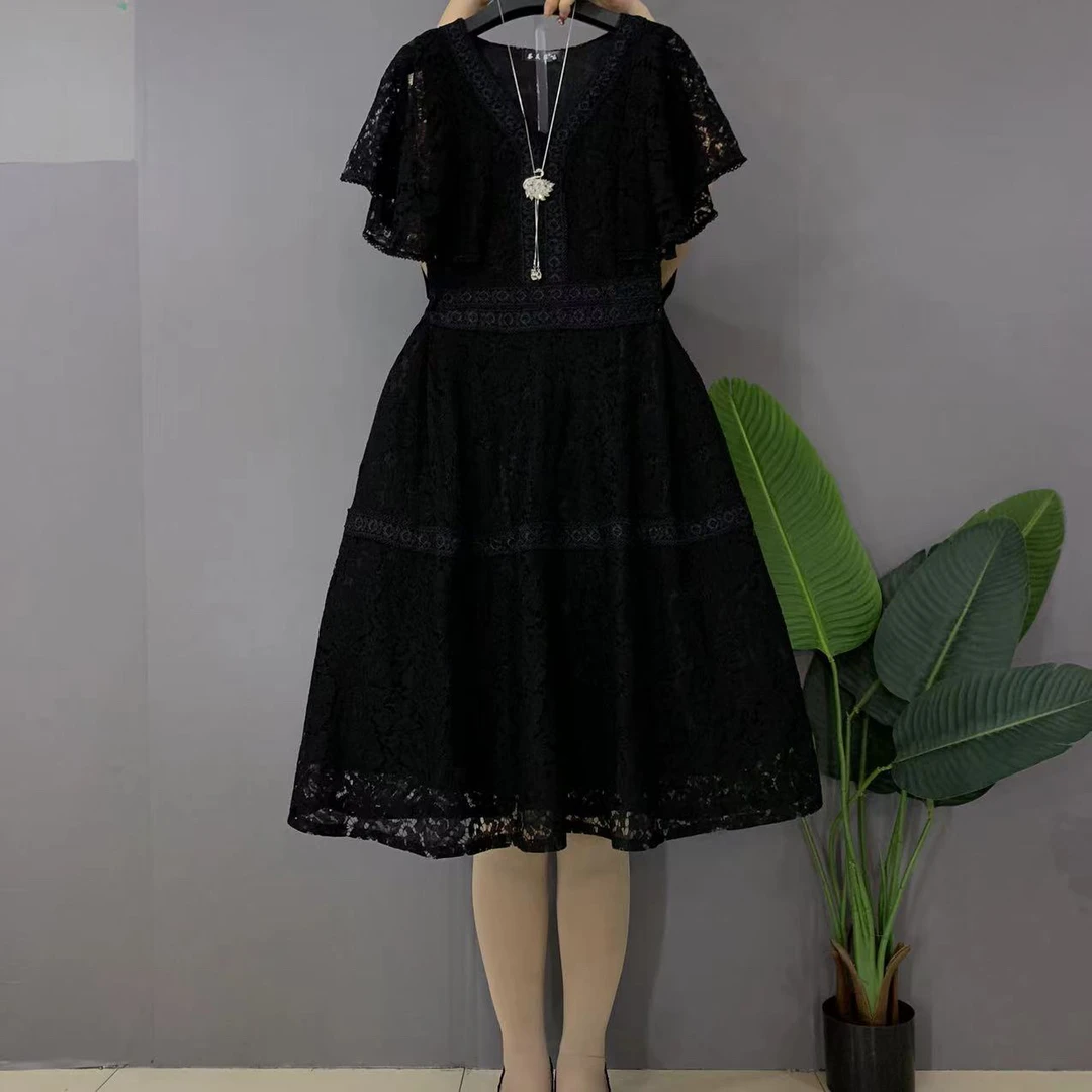 新款大码女装时尚气质披肩领蕾丝显瘦连衣裙