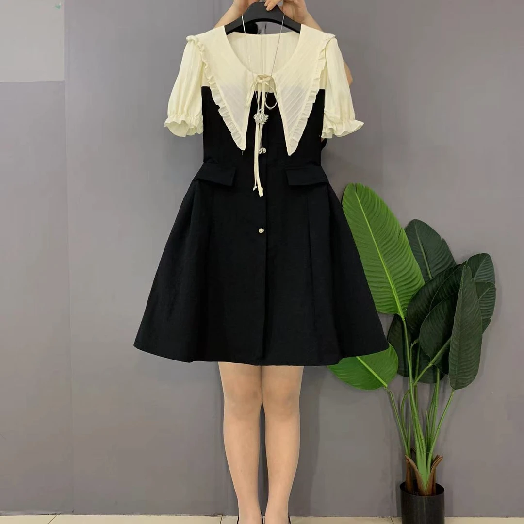 新款大码女装时尚洋气大娃娃领拼接显瘦连衣裙