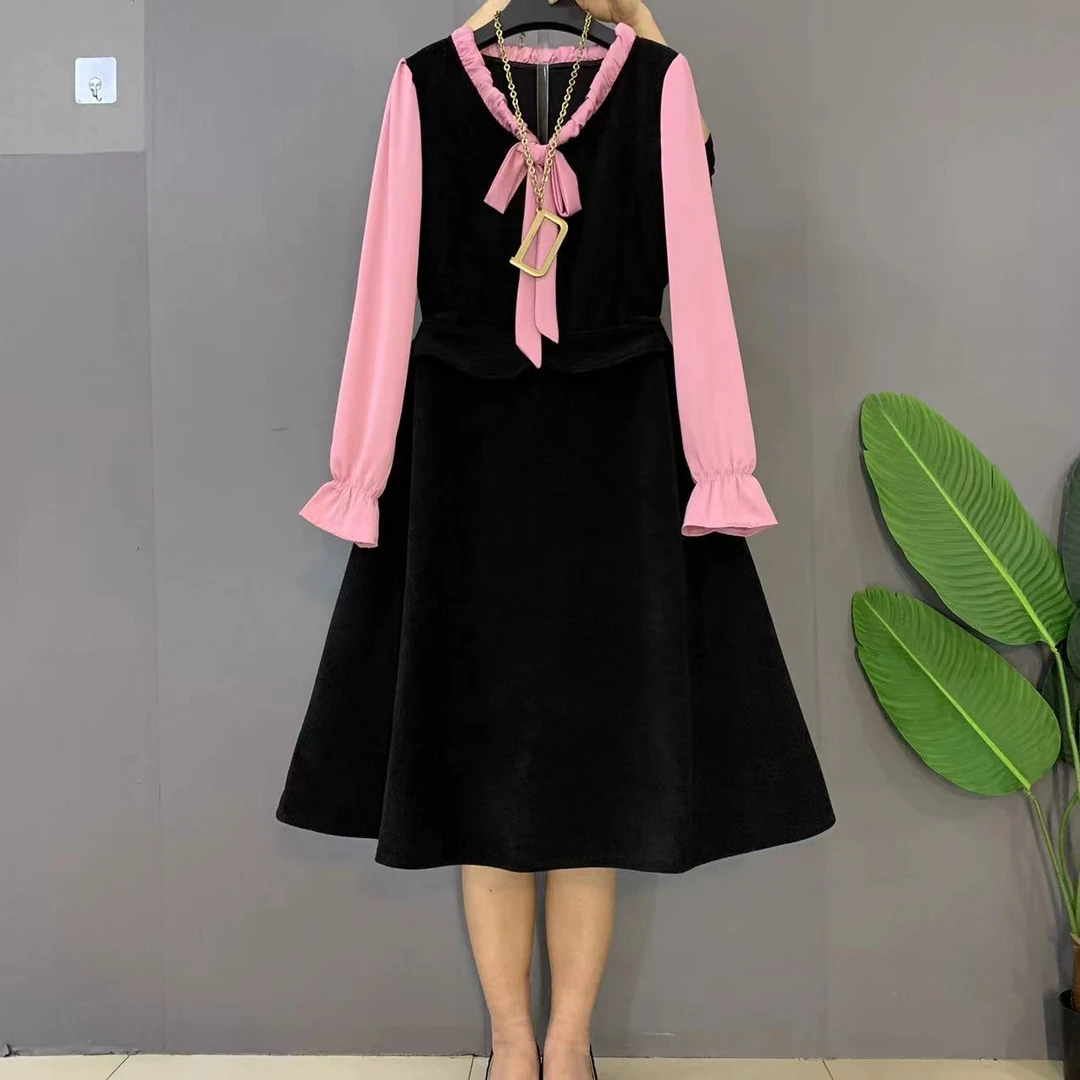 新款大码女装时尚洋气领带结设计拼接显瘦连衣裙