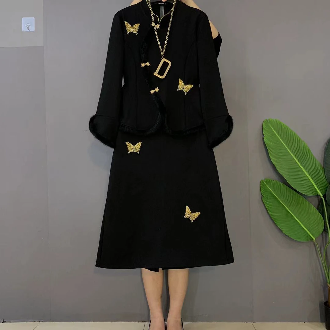 新款大码女装时尚洋气复古蝴蝶上衣十半身裙两件套套装