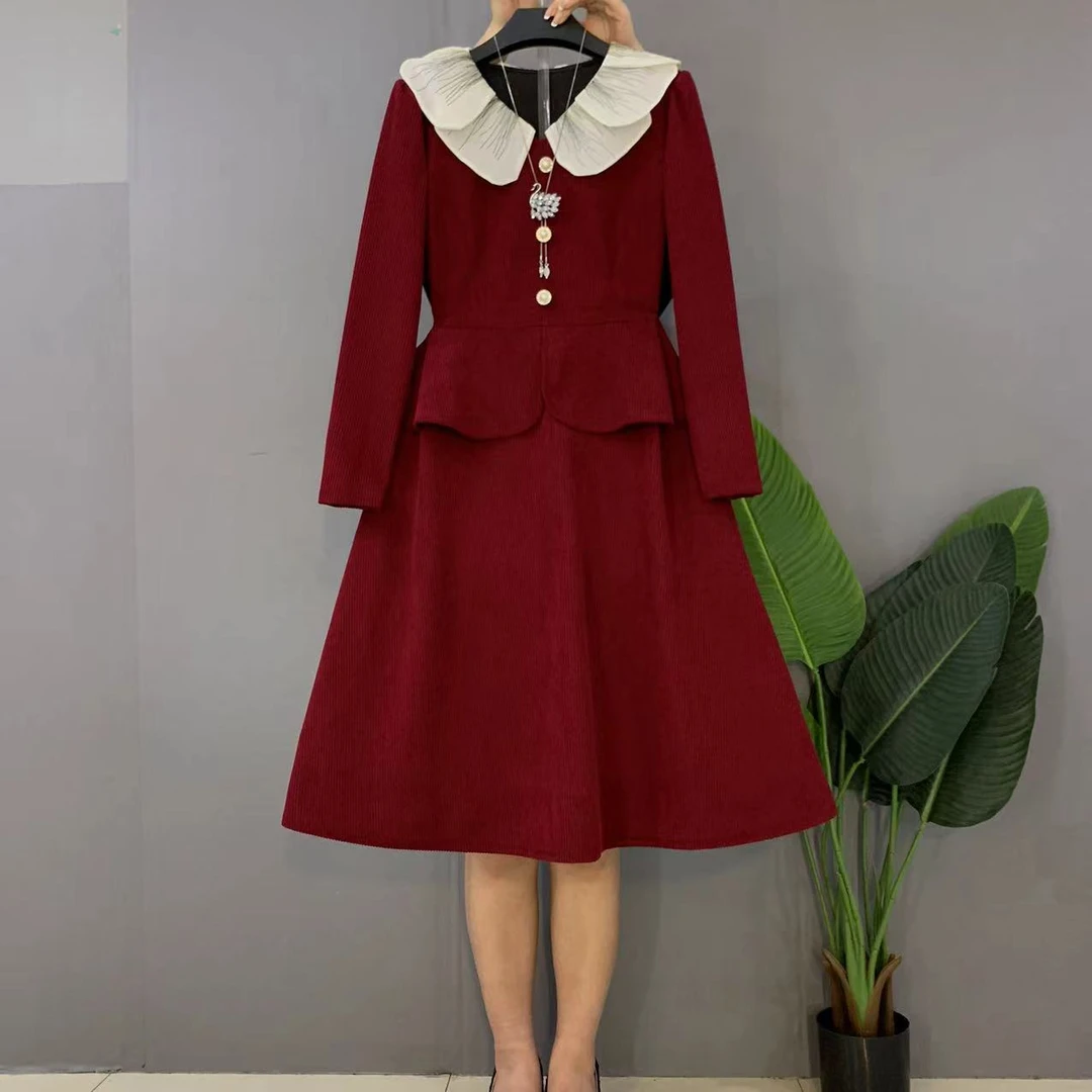 新款大码女装时尚洋气荷叶领假两件显瘦连衣裙