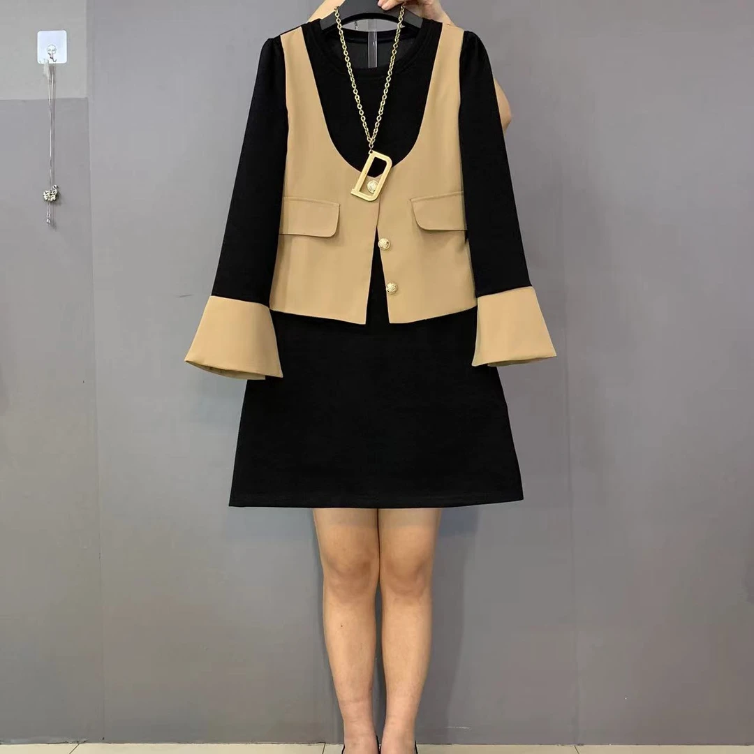 新款大码女装时尚洋气假两件拼接宽松百搭显瘦连衣裙