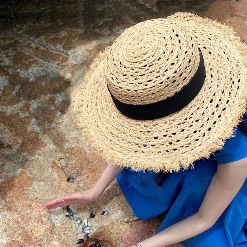 网红博主同款镂空毛边拉菲草帽子女出游时尚百搭遮阳帽海边草帽潮