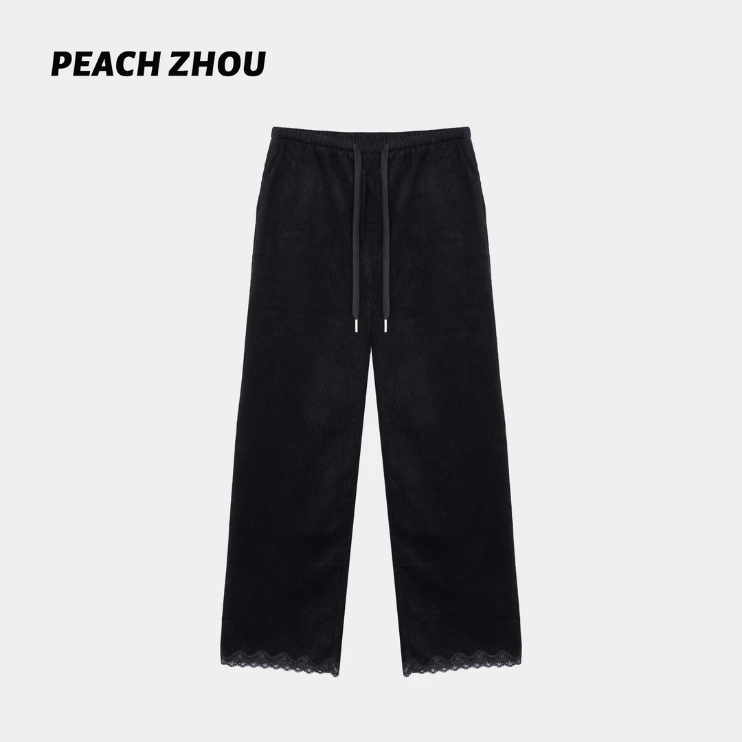 『PEACHZHOU』坑条拼接蕾丝花边宽松直筒休闲裤松紧腰设计感长裤女