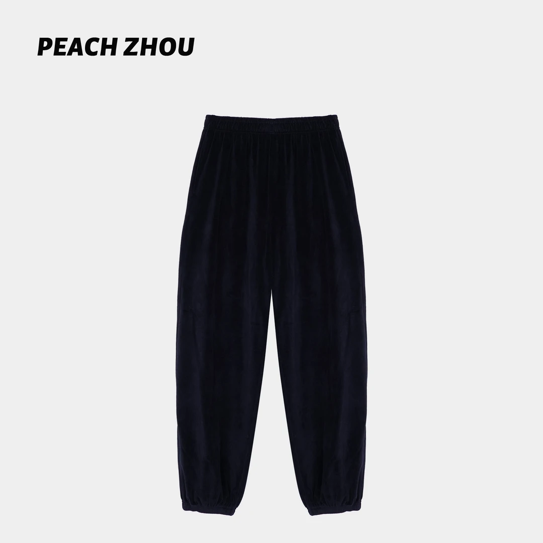 『PEACHZHOU』天鹅绒高级感宽松直筒休闲裤松紧腰垂感阔腿束脚裤女