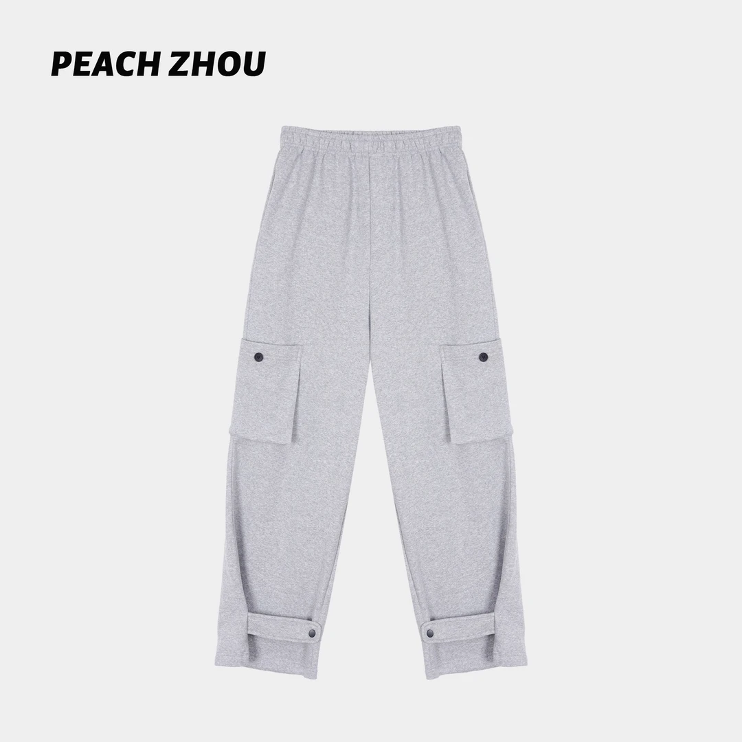 『PEACHZHOU』大口袋调节纽扣加绒宽松直筒休闲裤百搭松紧阔腿卫裤
